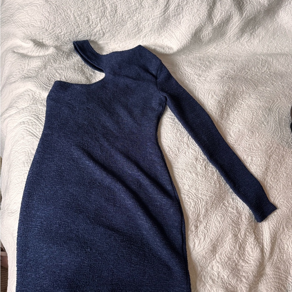 BCBGeneration Blue and White Asymmetrical Cut-Out Sheath Dress